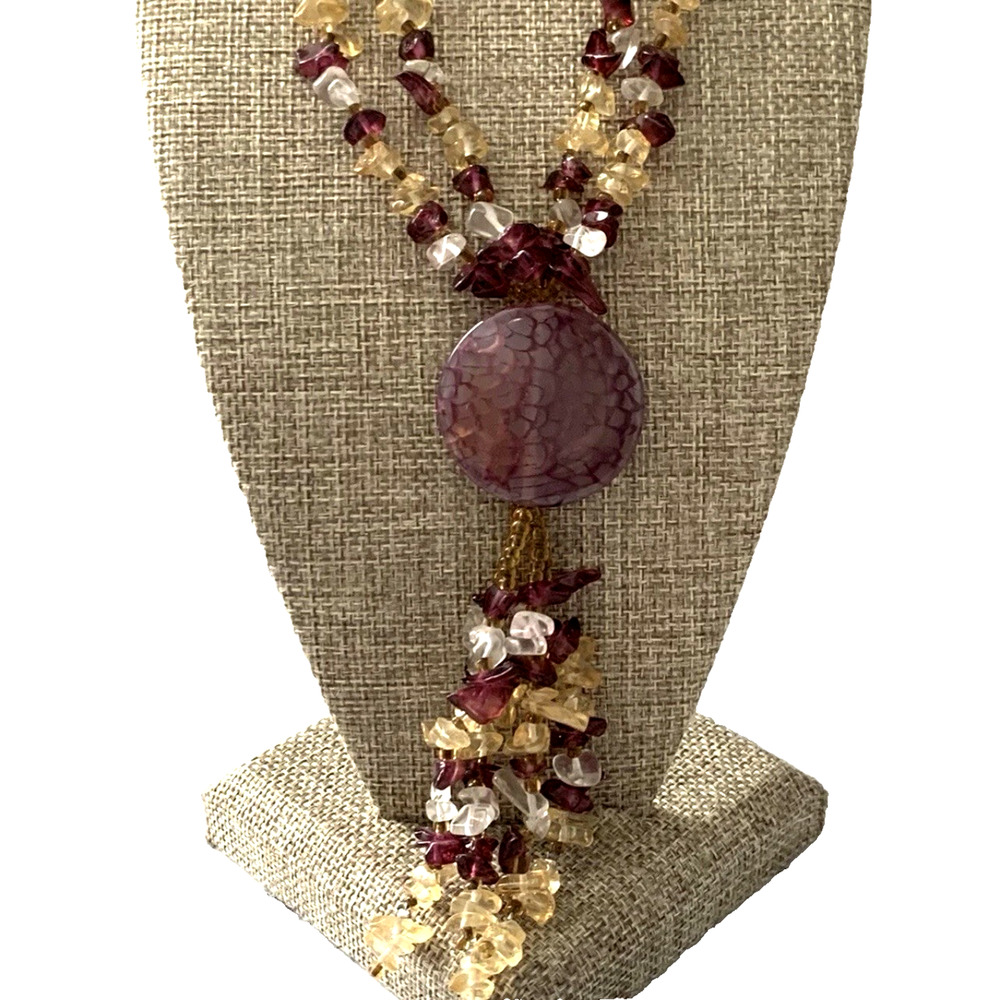 Vtg 90s Glass Chip Bead Necklace Purple Yellow Clear Tassel 26" Boho Statement